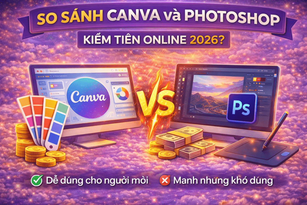 So sánh Canva và Photoshop công cụ thiết kế nào tốt hơn cho người mới kiếm tiền online năm 2026