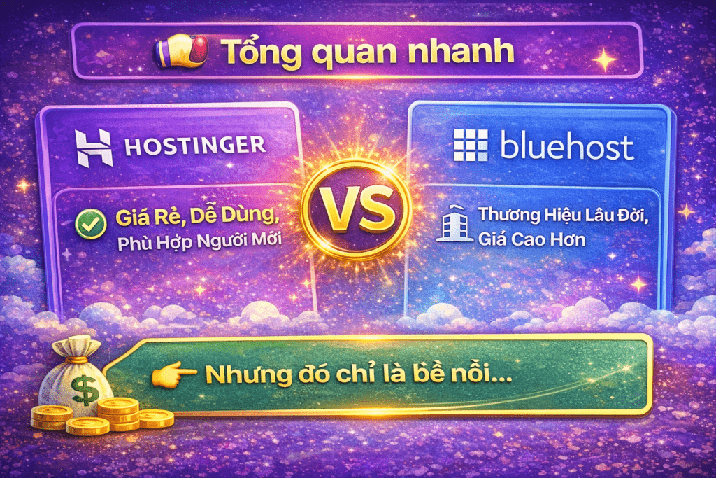 Tổng quan nhanh Hostinger vs Bluehost 2026: so sánh giá, tốc độ, dễ sử dụng và hỗ trợ. Lựa chọn hosting tốt nhất cho người mới bắt đầu.