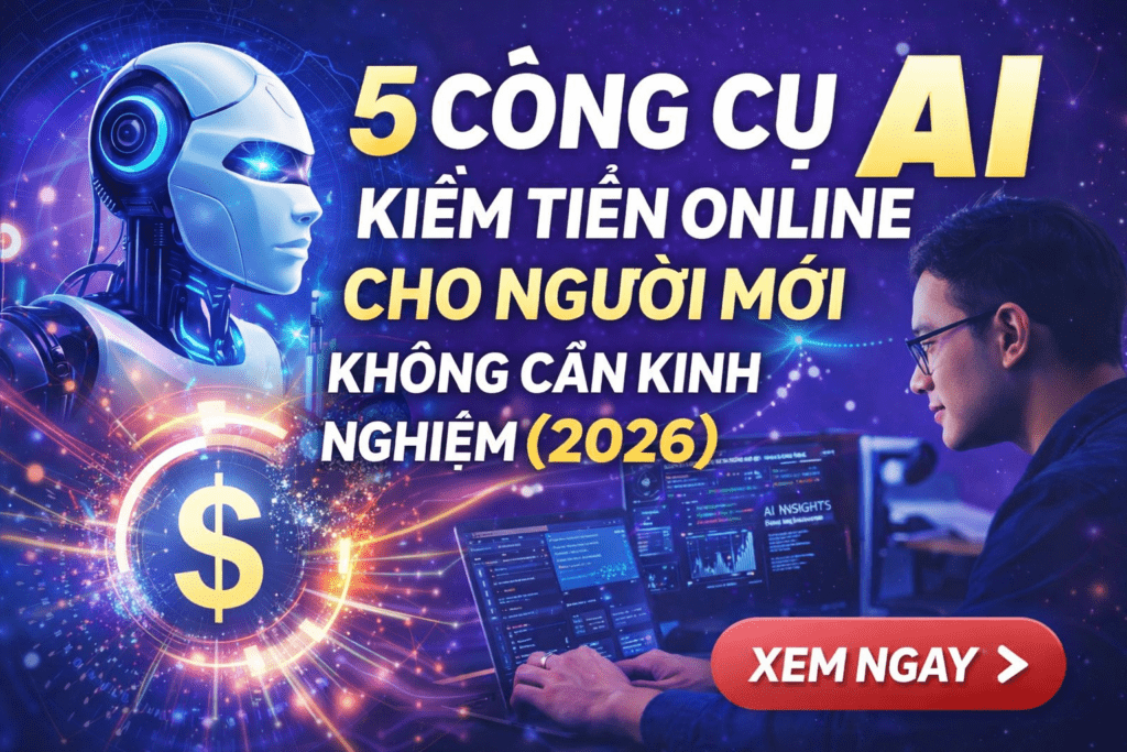 Ảnh thumbnail bài viết 5 công cụ AI kiếm tiền online cho người mới năm 2026, gồm ChatGPT, Canva, CapCut giúp tạo nội dung và video nhanh