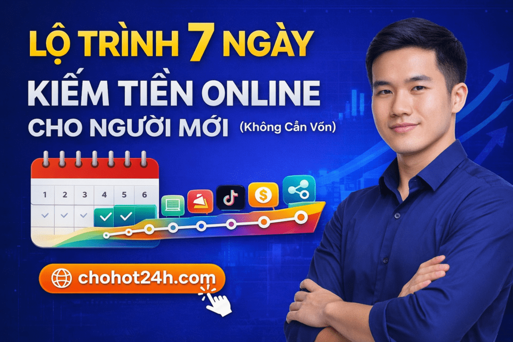 Lộ trình 7 ngày kiếm tiền online cho người mới 2026, hướng dẫn chi tiết từ A-Z giúp bạn bắt đầu từ con số 0, không cần vốn, xây dựng thu nhập bền vững bằng website.