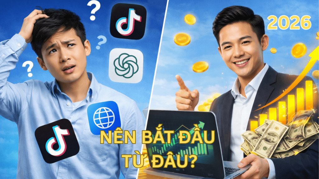 Người mới nên bắt đầu kiếm tiền online từ đâu 2026, hướng dẫn chọn nền tảng TikTok, AI hay website để tạo thu nhập online bền vững.