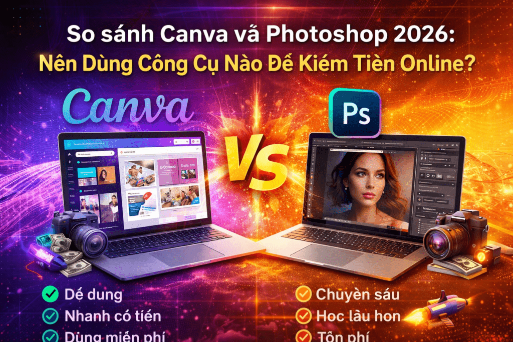 so sanh canva va photoshop 2026 nen dung cong cu nao de kiem tien online