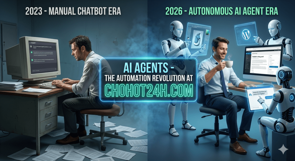 Sự tiến hóa từ Chatbot thủ công sang AI Agent tự vận hành kiếm tiền online trên chohot24h.com năm 2026.