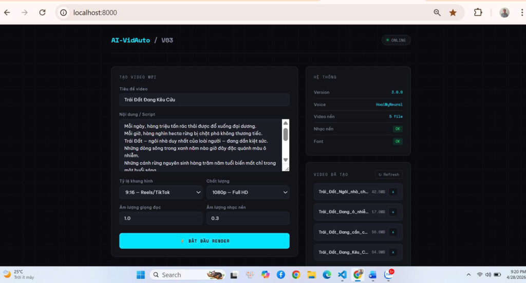 Giao diện web AI-VidAuto-V03 tại localhost:8000 — công cụ tạo video tự động 9:16 bằng Python và FastAPI
