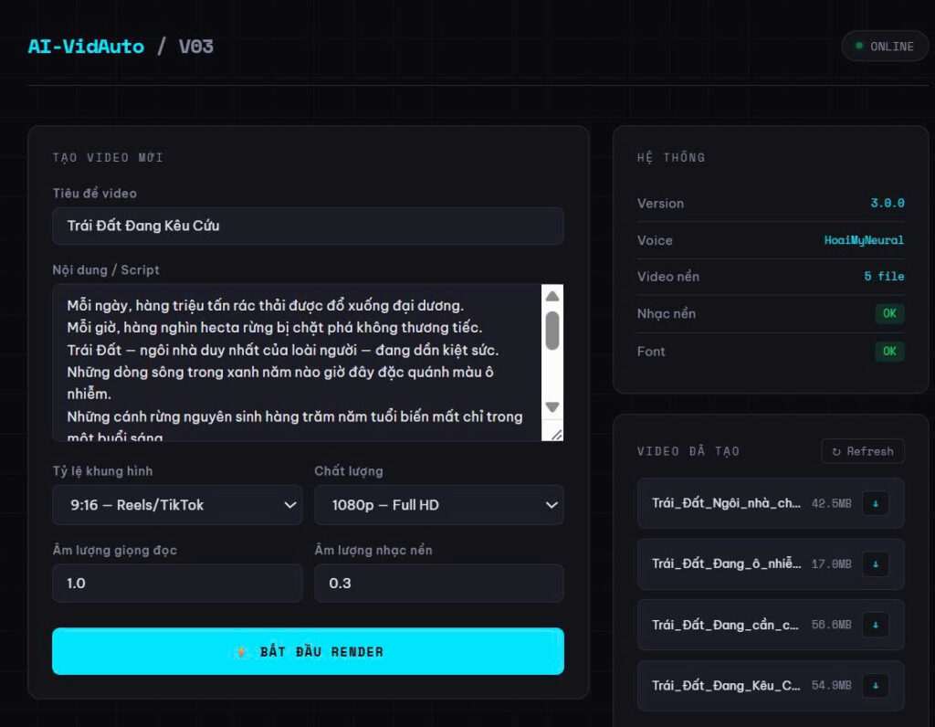 Giao diện AI-VidAuto-V03 tạo video tự động 9:16 chuẩn TikTok Reels bằng Python FastAPI và ffmpeg