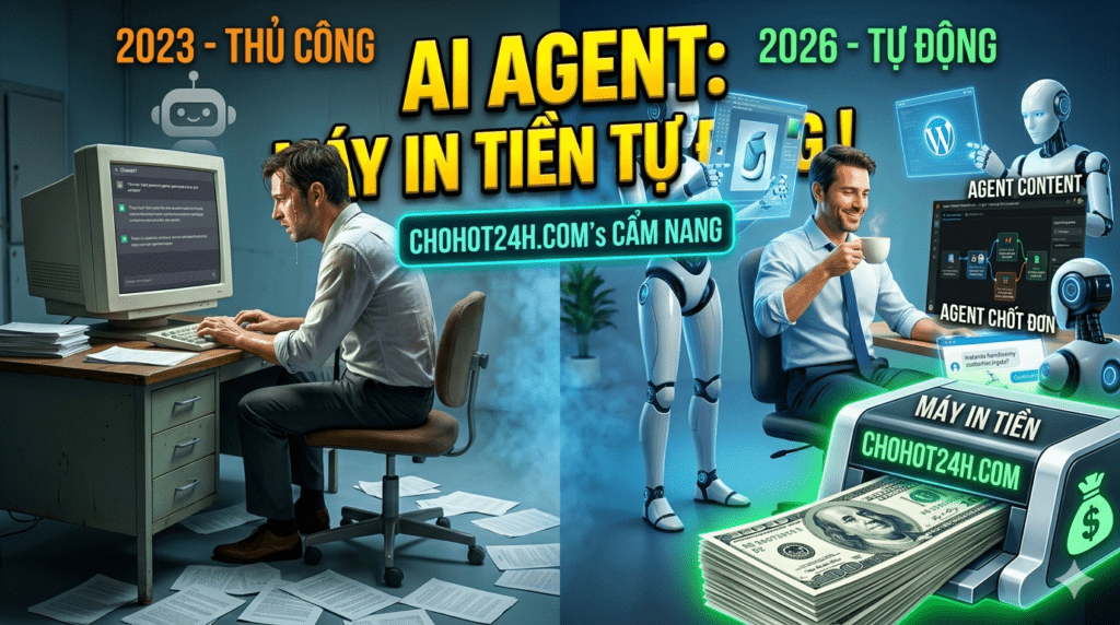 Hình ảnh so sánh sự chuyển đổi từ chatbot thủ công 2023 sang AI Agent tự động hóa vận hành kinh doanh online tại chohot24h.com năm 2026.