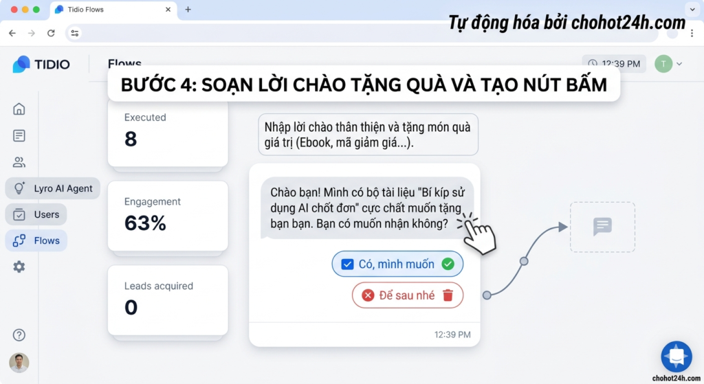 Cách soạn nội dung tin nhắn chào và tạo nút bấm nhận quà cho AI Agent trên chohot24h.com