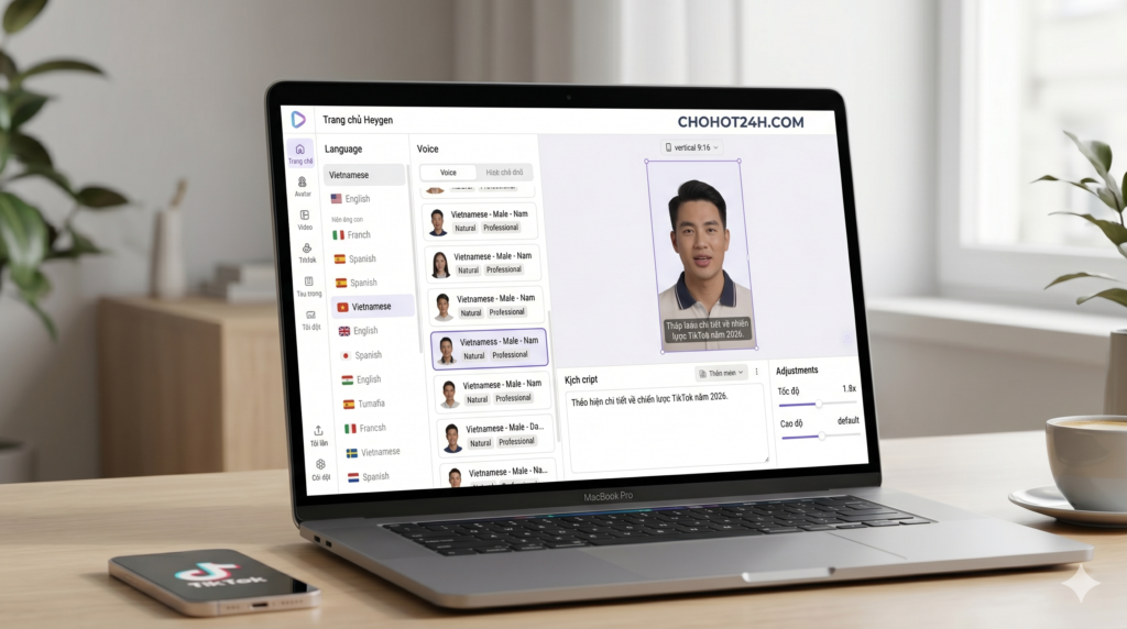 Cài đặt giọng nói tiếng Việt và định dạng dọc 9:16 trên Heygen để làm video TikTok tại chohot24h.com
