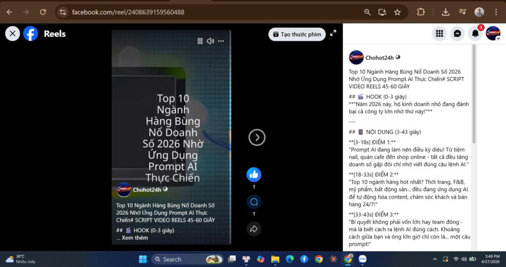 ContentBot24h đăng video thành công lên Reels