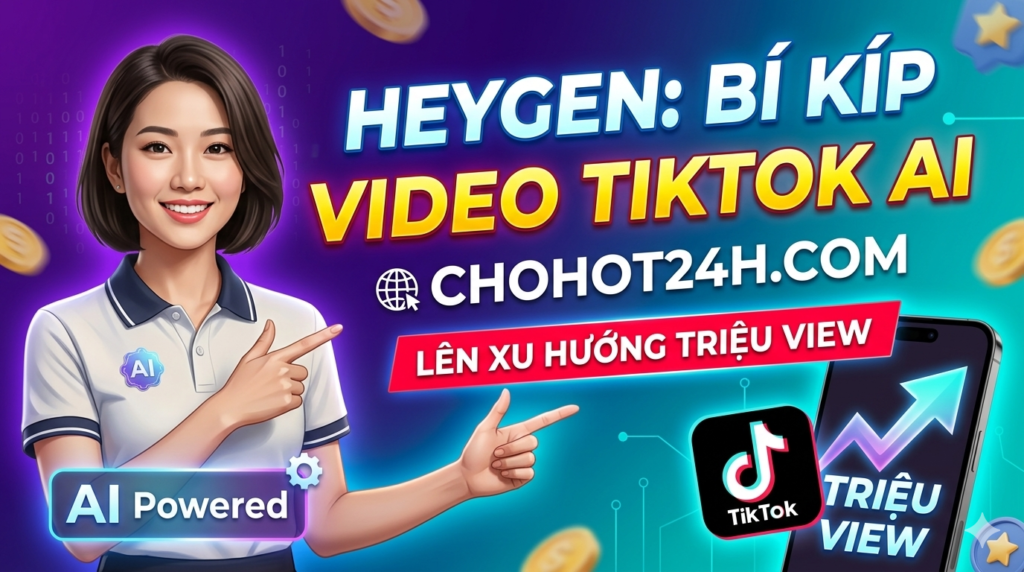 Thumbnail hướng dẫn cách dùng Heygen làm video TikTok lên xu hướng triệu view của website chohot24h.com