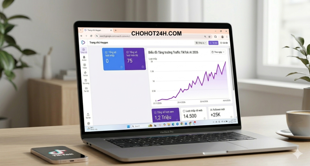Biểu đồ tăng trưởng traffic và lượt hiển thị từ khóa TikTok AI trên Google Search Console của chohot24h.com