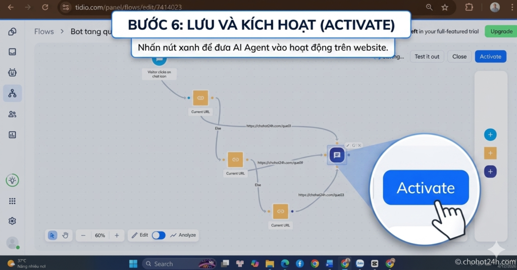 Hướng dẫn nhấn nút Activate để kích hoạt AI Agent Tidio chạy trực tiếp trên website chohot24h.com