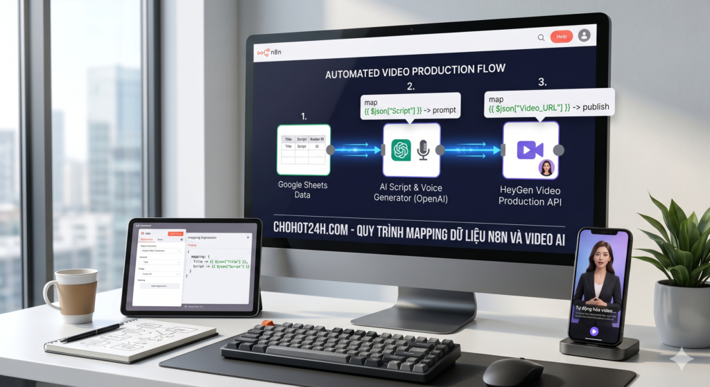 Quy trình kết nối n8n với OpenAI và HeyGen để sản xuất video AI tự động