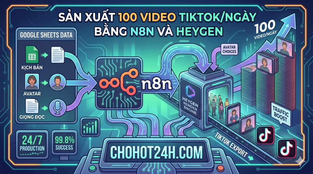Hướng dẫn sản xuất 100 video TikTok mỗi ngày bằng n8n và Heygen tự động hoàn toàn tại chohot24h.com