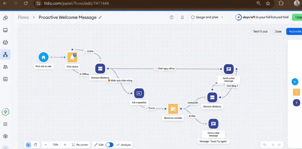 Sơ đồ logic thiết lập AI Agent khóa quà bằng mật mã trên Tidio cho chohot24h.com