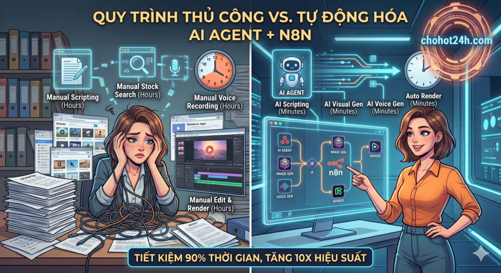 So sánh hiệu suất làm video thủ công và sử dụng AI Agent tạo video tự động bằng n8n tại chohot24h.com