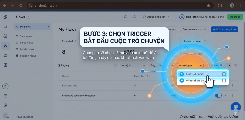 Cách thiết lập Trigger kích hoạt chatbot AI Agent tự động chào khách trên chohot24h.com