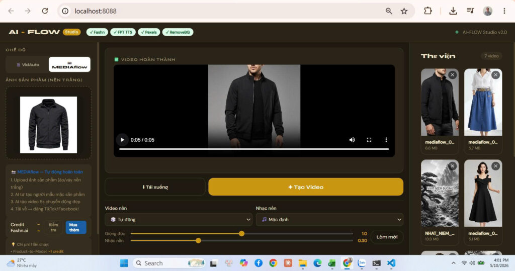 Giao diện phần mềm AI-FLOW Studio v2.0 - Tạo video sản phẩm tự động